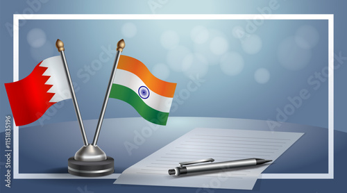 Bahrain and India National flags on small table with bokeh background, cooperative relationship