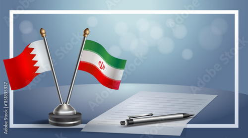 Bahrain and Iran National flags on small table with bokeh background, cooperative relationship