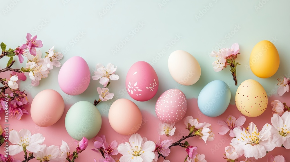 Vibrant colored Easter eggs arranged beautifully alongside delicate cherry blossoms, creating a charming festive scene with ample space for your design needs. Vibrant colored Easter eggs arranged beautifully alongside delicate cherry blossoms, creating a charming festive scene with ample space for your design needs.