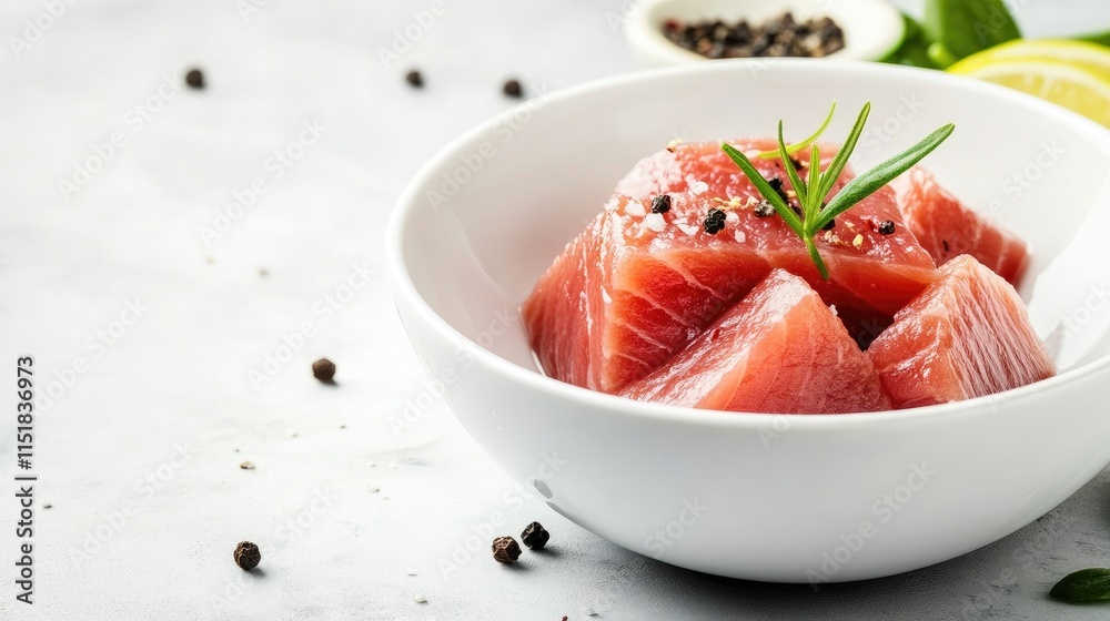 Fresh raw Atlantic fillet placed in a white bowl, with ample copy space available for additional text or design elements. The Atlantic fillet offers a vibrant and appealing presentation. Fresh raw Atlantic fillet placed in a white bowl, with ample copy space available for additional text or design elements. The Atlantic fillet offers a vibrant and appealing presentation.
