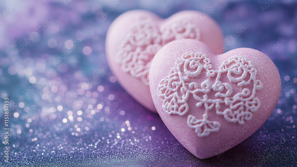 Fototapeta premium Romantic Valentine's Day scene with pink lace hearts on a purple glitter background filled