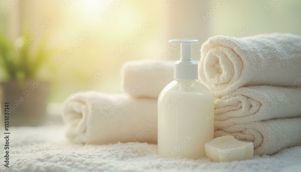 Spa like setting with lotion, soap, and towels arranged on a soft, white towel with warm lighting