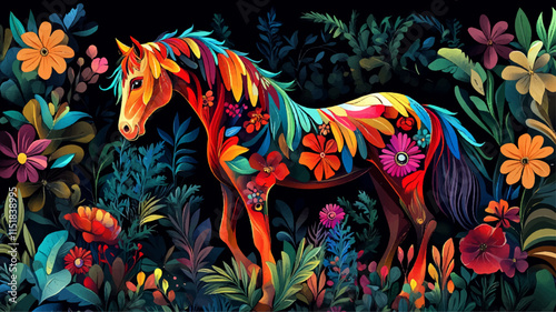 Pferd Horse Jungle Bunt Tropisch Blumen Abstrakt Tier Vektor