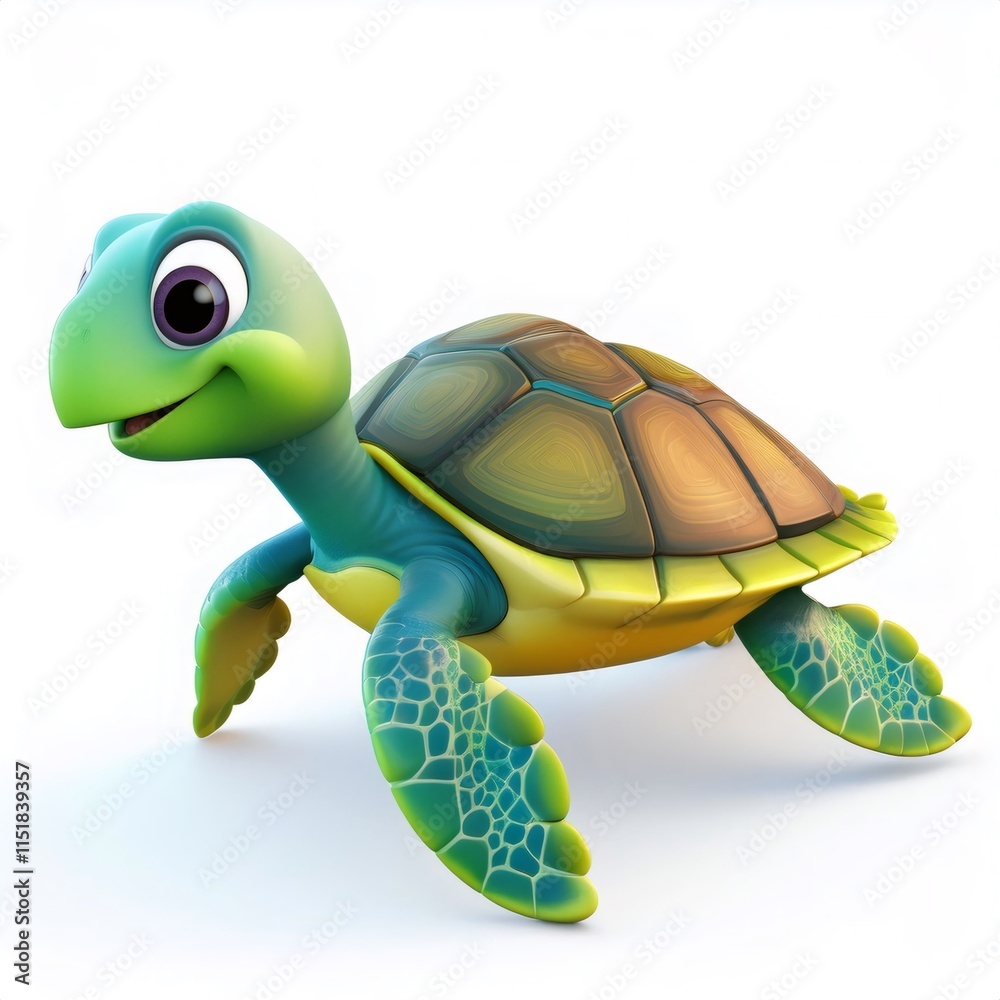 Fototapeta premium Cartoon sea turtle grinning, striding joyfully against pure white backdrop, rendered in bright, playful 3D style