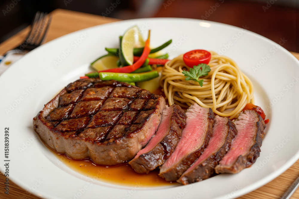 Grilled beef steak served with pasta and vegetables on white plate copy space Grilled beef steak served with pasta and vegetables on white plate copy space