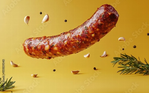 A whole kielbasa link mid-air with garlic and rosemary accents on a rich yellow background photo