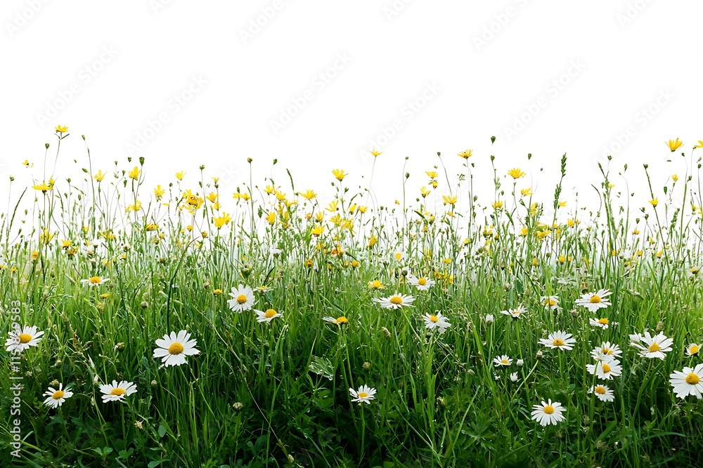 Fototapeta premium Lush green meadow with daisies and yellow wildflowers isolated on white background.