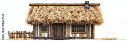 3D model of a little cottage with a thatched roof and wooden walls, isolated on a blank white background, showcasing its rustic, fairy-tale charm
