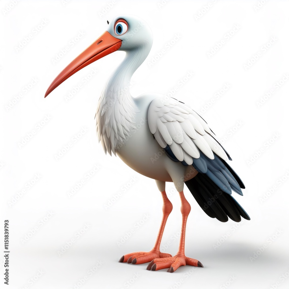 3D cartoon stork standing against a white background, showcasing vibrant colors and a playful design, perfect for celebrating new life 3D cartoon stork standing against a white background, showcasing vibrant colors and a playful design, perfect for celebrating new life