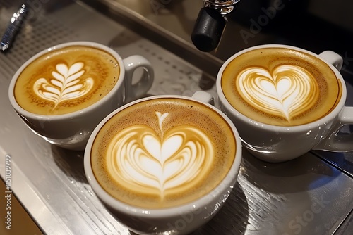 Valentine's Day Coffee Shop with Heart Latte Art in a Cozy Setting. photo