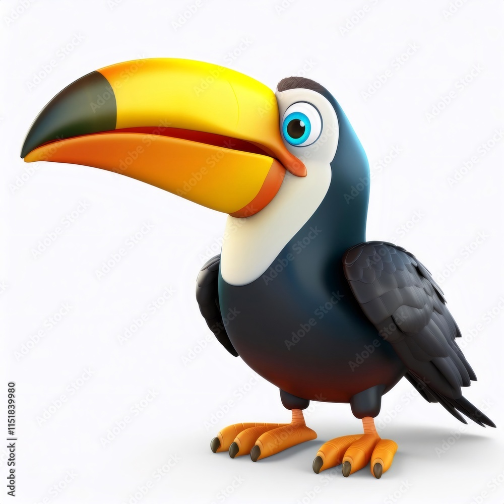 Obraz premium Vibrant cartoon toucan perching with oversized beak, radiating playful tropical energy against pure white background