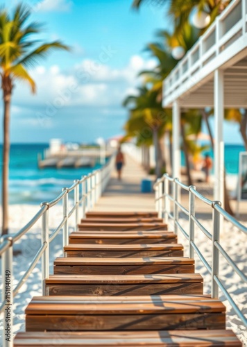 Wallpaper Mural Tropical paradise, wooden boardwalk, palm trees, turquoise ocean, white railings, beachfront resort, sunny day, clear blue sky, vacation destination, Caribbean vibes, coastal architecture, idyllic sce Torontodigital.ca