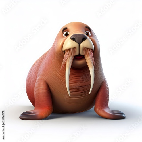 Smiling cartoon walrus sitting happily against a clean white background, showcasing its adorable features like tusks and whiskers photo