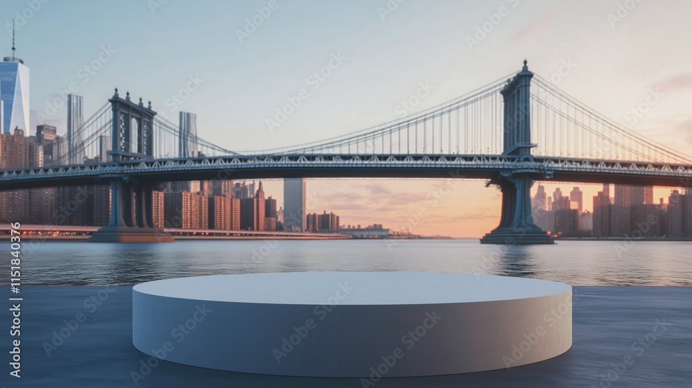 Fototapeta premium empty round cylinder pedestal display or podium platform with Manhattan Bridge background
