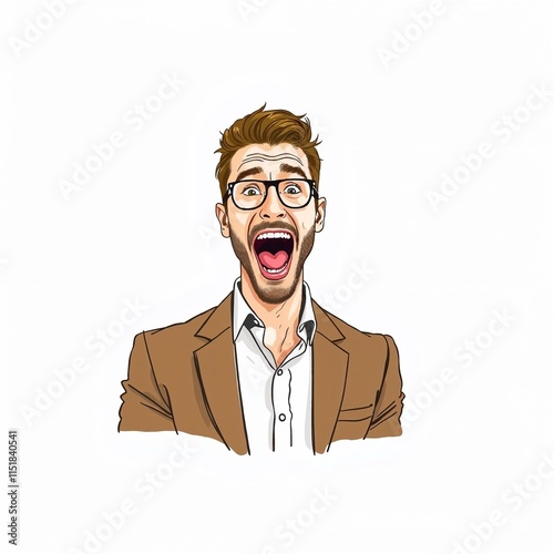 Hand drawn illustration of a handsome and excited businessman.