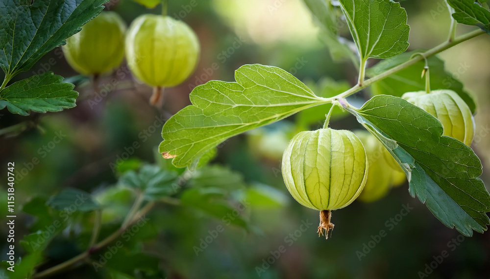Ripe Green Gooseberries on Branch, Sunlight, Summer, Garden, Nature Ripe Green Gooseberries on Branch, Sunlight, Summer, Garden, Nature