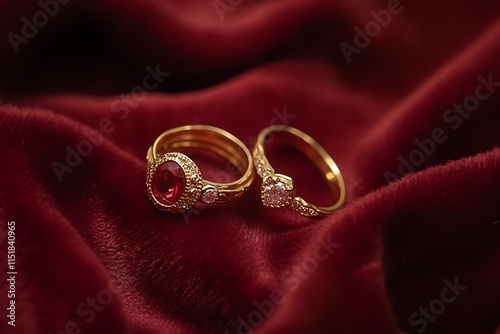 Valentine's Day Gold Rings on Red Velvet for a Romantic Proposal. photo