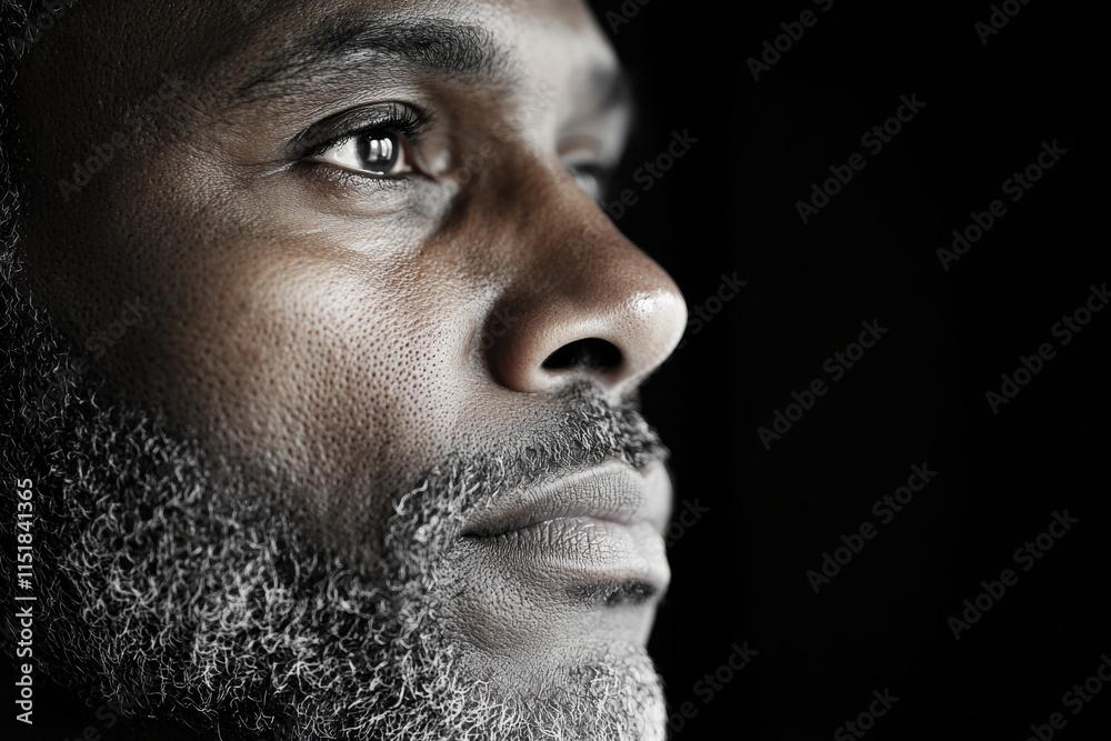 A detailed profile close-up of a mature man with a grizzled beard and contemplative expression, emphasizing the beauty and strength of age in a darkened artistic setting. A detailed profile close-up of a mature man with a grizzled beard and contemplative expression, emphasizing the beauty and strength of age in a darkened artistic setting.