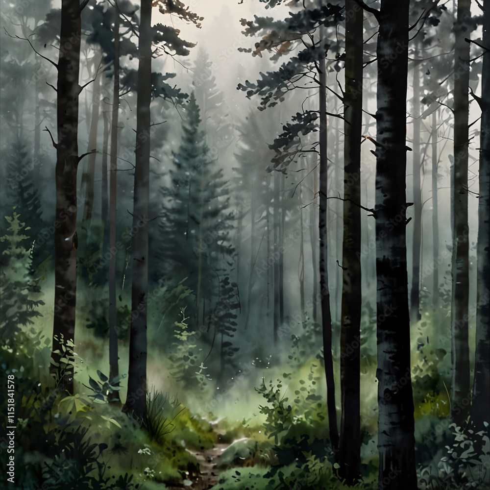Obraz premium Mystical Green Forest Scene in Watercolor with Majestic Trees Enveloped in Fog Framing a Peaceful Path and Calm Natural Landscape