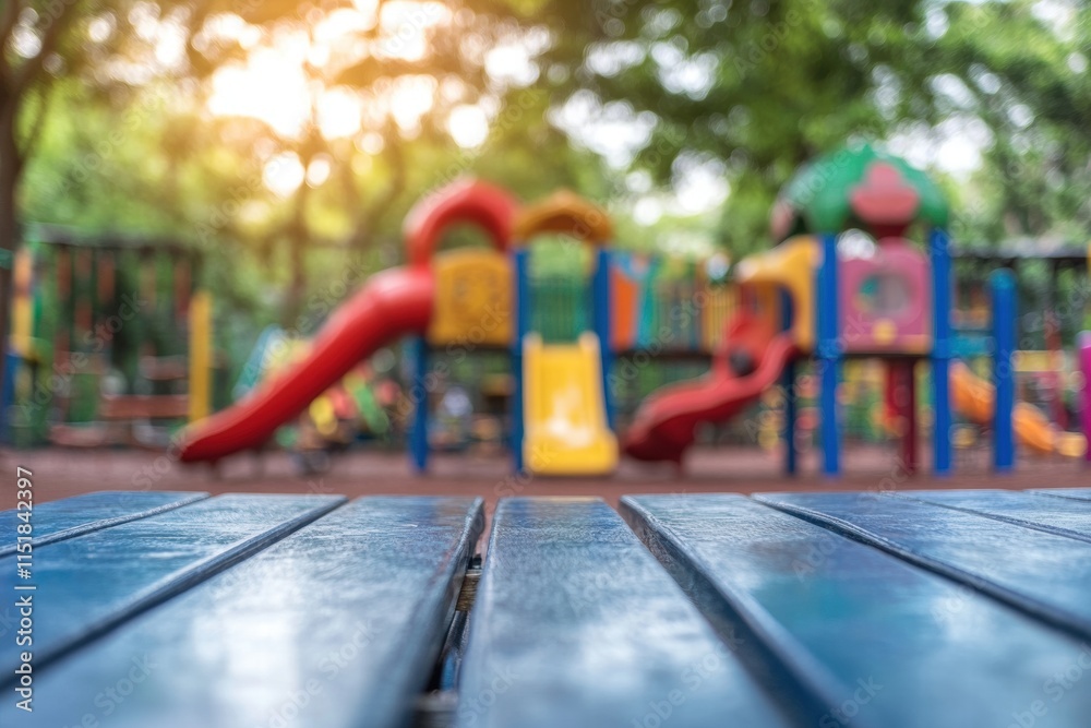 Blue Wooden Table with Blurred Playground Background Blue Wooden Table with Blurred Playground Background