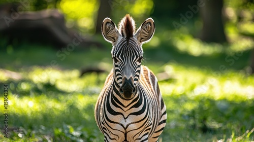 A striking zebra stands majestically in a lush green landscape, showcasing its unique stripes and captivating presence. photo