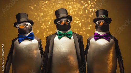 Three dapper penguins in tuxedos and vibrant cummerbunds, adorned with top hats and monocles, symmetrically posed against a glamorous champagne gold background. photo