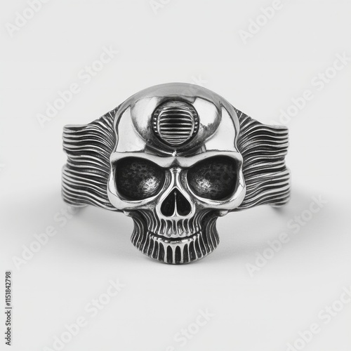 Silver skull ring with eye motif and wavy band design photo