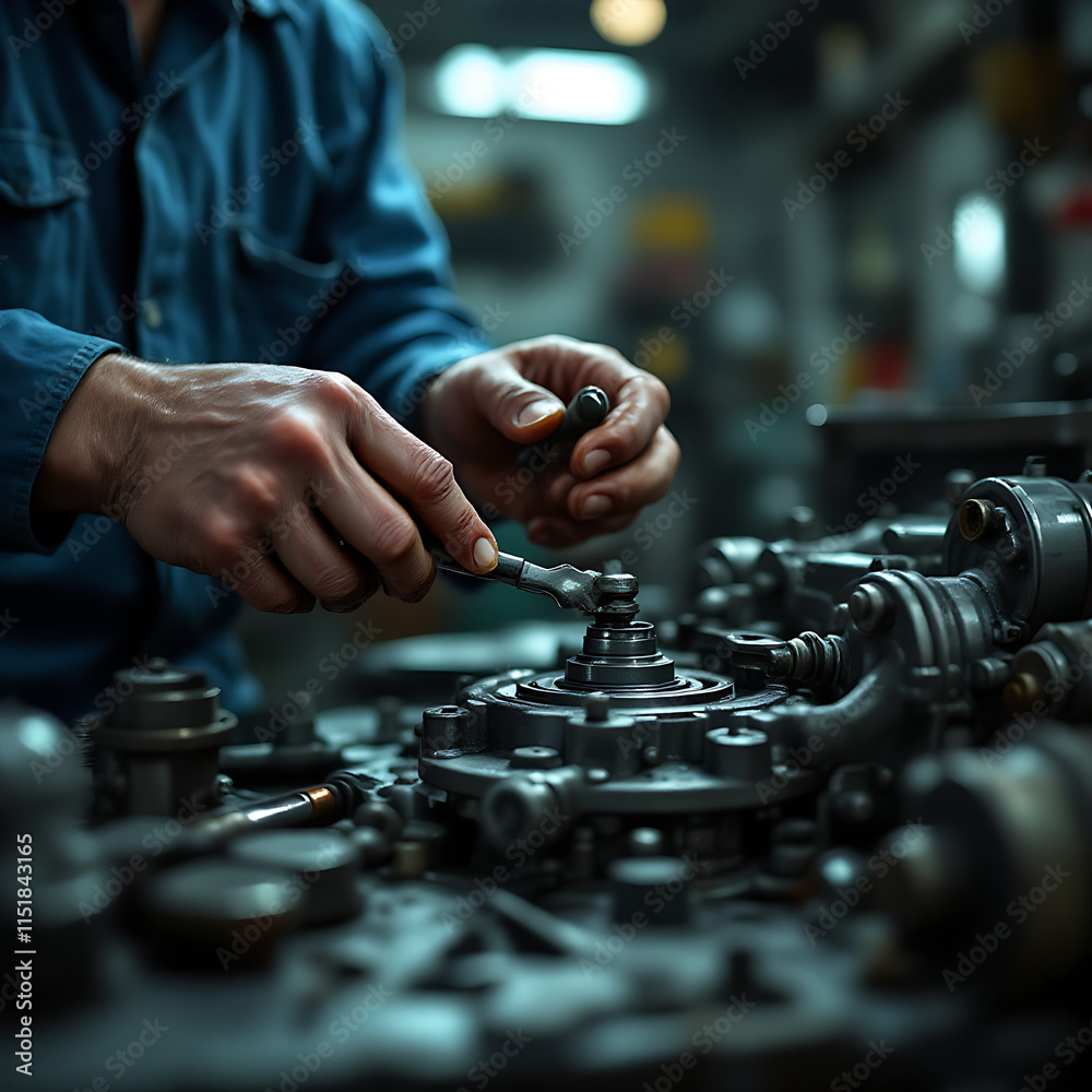 Close-Up of Factory Worker’s Hands Repairing Machinery, Detailed Grease and Tool Textures, Industrial Workshop Setting with Blurred Background Close-Up of Factory Worker’s Hands Repairing Machinery, Detailed Grease and Tool Textures, Industrial Workshop Setting with Blurred Background