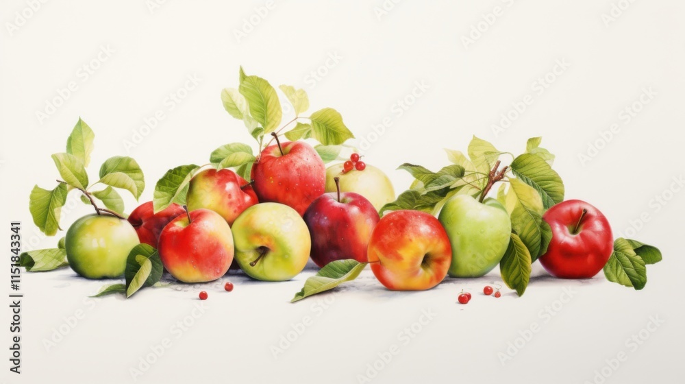 A refreshing layout of green and red apples, pears, and peaches, their glossy textures and natural details highlighted on a crisp white background A refreshing layout of green and red apples, pears, and peaches, their glossy textures and natural details highlighted on a crisp white background