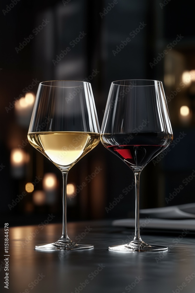 Fototapeta premium Close up shot of two wine glasses, a white and a red one, in a dark simple setting.