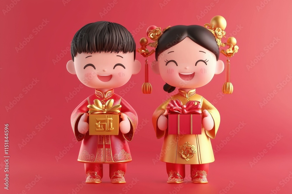 Cheerful children in traditional attire holding gifts, celebrating cultural festivities in a vibrant setting.