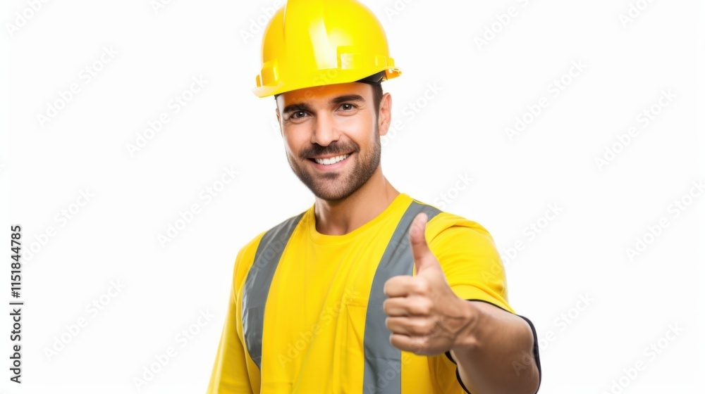 A relaxed construction worker in full safety gear, wearing a yellow hard hat and gloves, smiling warmly and giving a thumbs up, isolated on a white background A relaxed construction worker in full safety gear, wearing a yellow hard hat and gloves, smiling warmly and giving a thumbs up, isolated on a white background
