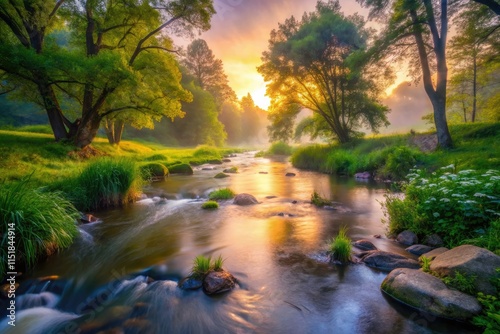 Low light captures a calm stream's misty serenity; a tranquil, rain-soaked nature scene.