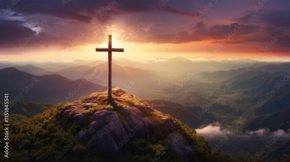 A sacred cross atop a mountain, surrounded by soft clouds and glowing sunlight, with a panoramic view of the valley below A sacred cross atop a mountain, surrounded by soft clouds and glowing sunlight, with a panoramic view of the valley below