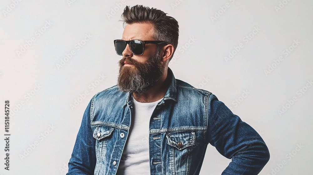 Obraz premium Charismatic Man with Stylish Beard and Sunglasses in Portrait Style