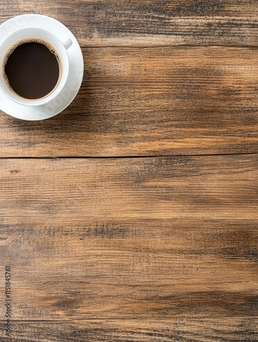 Freshly Brewed Coffee in a White Cup on Rustic Wooden Table
