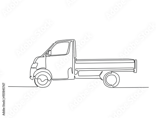 Continuous line drawing art of pickup truck in the road. Pickup car illustration in simple outline design. Editable stroke vector.