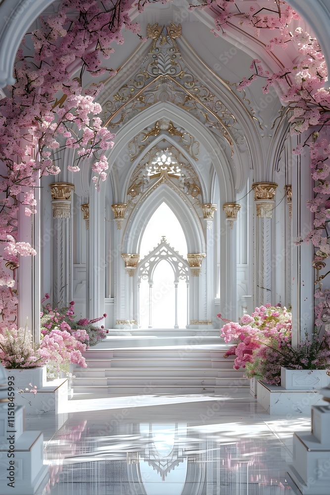 Fototapeta premium Elegant empty church or cathedral hall decorated with pink flowers for wedding ceremony. Beautiful venue for Christian wedding, baptism and religion event. Festive design with copy space