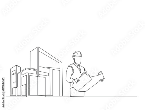 Continuous one line drawing of architect with blueprint paper and modern house real estate. Building and contractor, engineer, worker concept. Editable line vector.