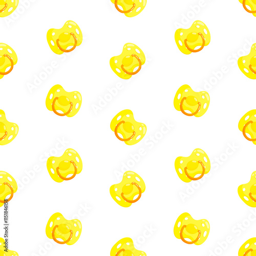 Yellow dummies vector seamless pattern. Front view pacifiers. Background, print, packaging design