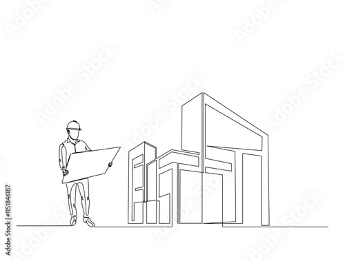 Continuous one line drawing of architect with blueprint paper and modern house real estate. Building and contractor, engineer, worker concept. Editable line vector.