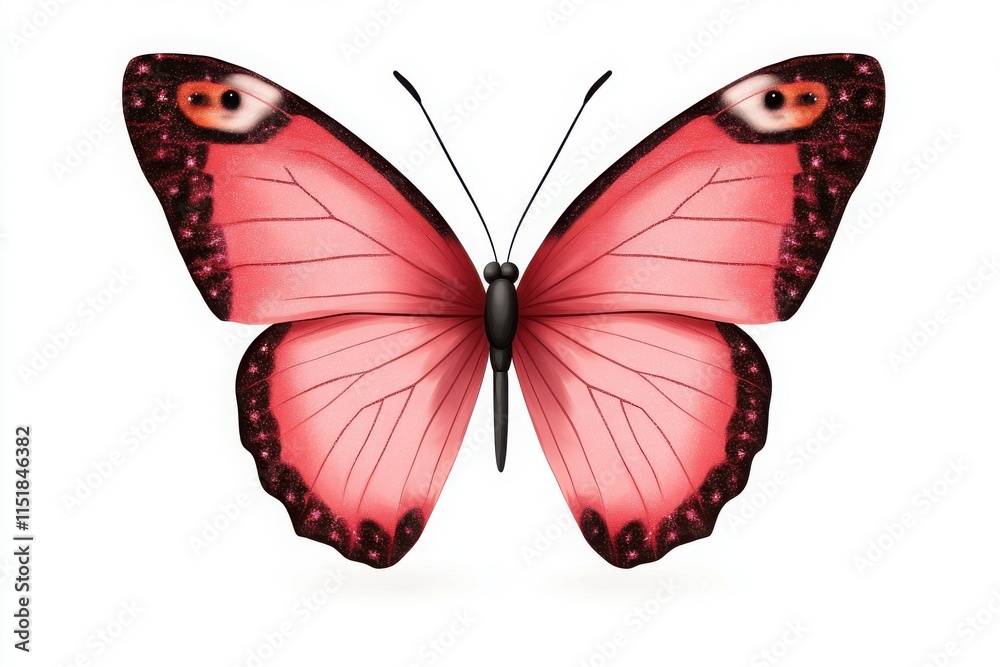 Obraz premium A vibrant pink butterfly rests with open wings, showcasing its delicate beauty and intricate patterns against a white background.