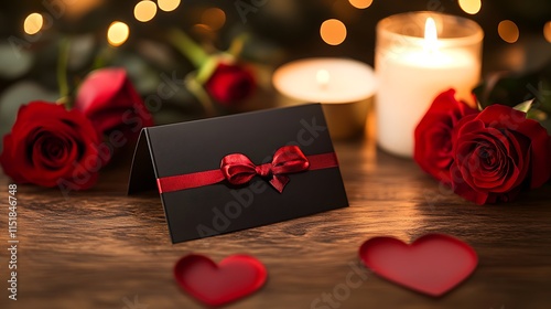 A romantic gift card placed on a wooden surface with red roses, a candle, and soft lighting, creating a warm and intimate gift-giving scene. photo