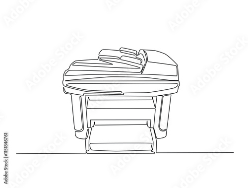 Continuous one line drawing of multifunction inkjet printer. Office printing device in single line draw vector illustration. Editable line vector.