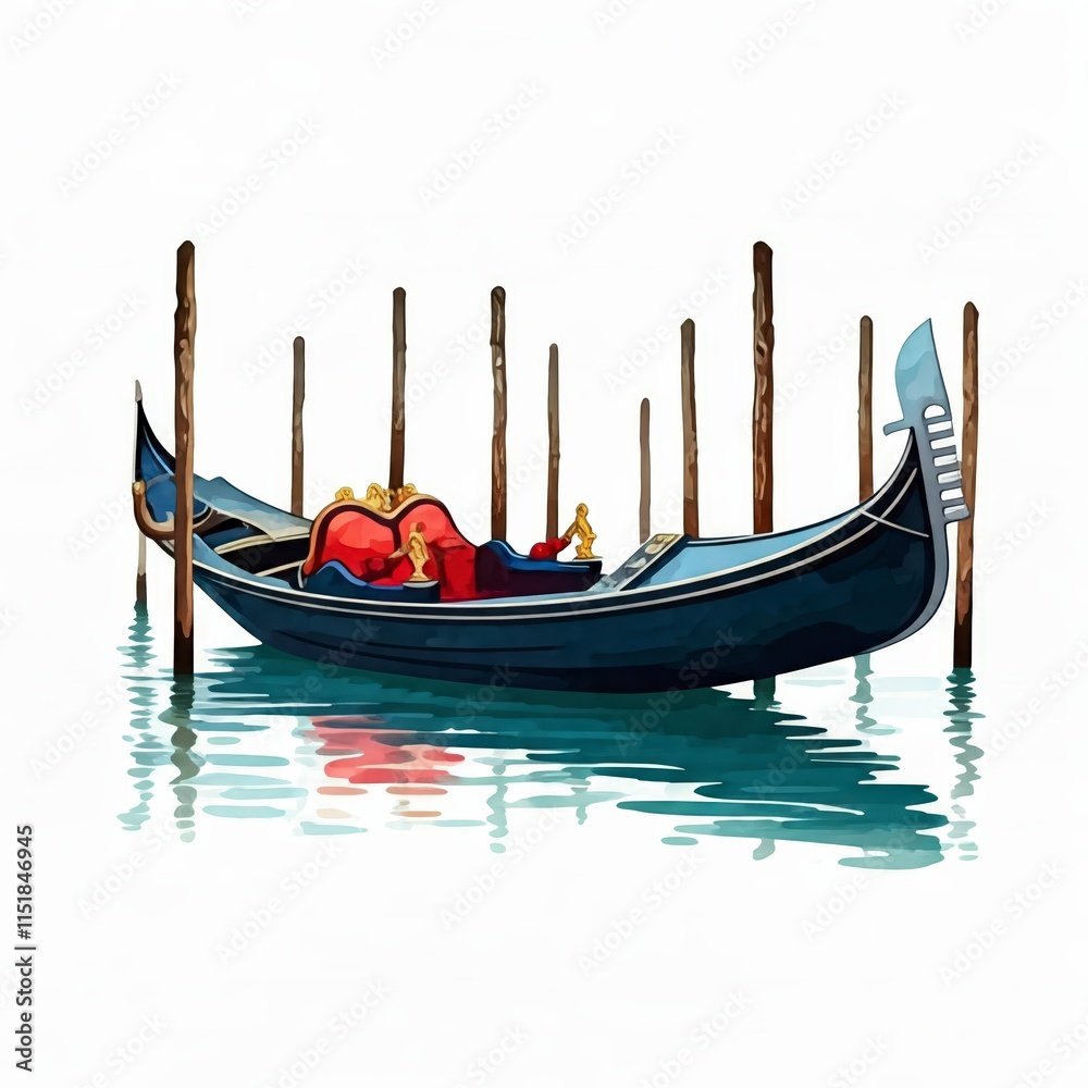 Venetian Gondola at Rest: A classic Venetian gondola, elegantly moored between wooden pilings, its dark hull reflecting in the calm water. A picturesque scene evoking romance and tranquility. Venetian Gondola at Rest: A classic Venetian gondola, elegantly moored between wooden pilings, its dark hull reflecting in the calm water. A picturesque scene evoking romance and tranquility.