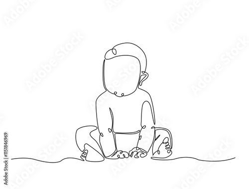 Continuous one line drawing of cute baby boy sitting. Cute toddler child in single line draw vector illustration. Editable line vector.
