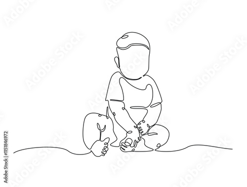 Continuous one line drawing of cute baby boy sitting. Cute toddler child in single line draw vector illustration. Editable line vector.