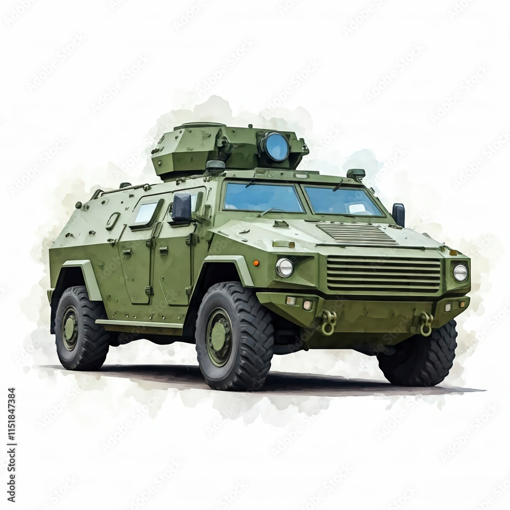Fototapeta premium Military Armored Vehicle: A powerful and robust military armored personnel carrier, showcasing its advanced technology and protective features. The vehicle is depicted in a dynamic pose.