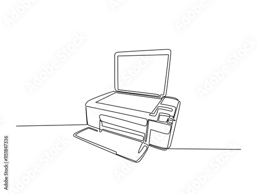 Continuous one line drawing of multifunction inkjet printer. Office printing device in single line draw vector illustration. Editable line vector.