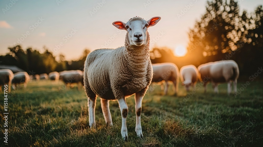 Lone Sheep Stands In Sunset Pasture With Flock Lone Sheep Stands In Sunset Pasture With Flock